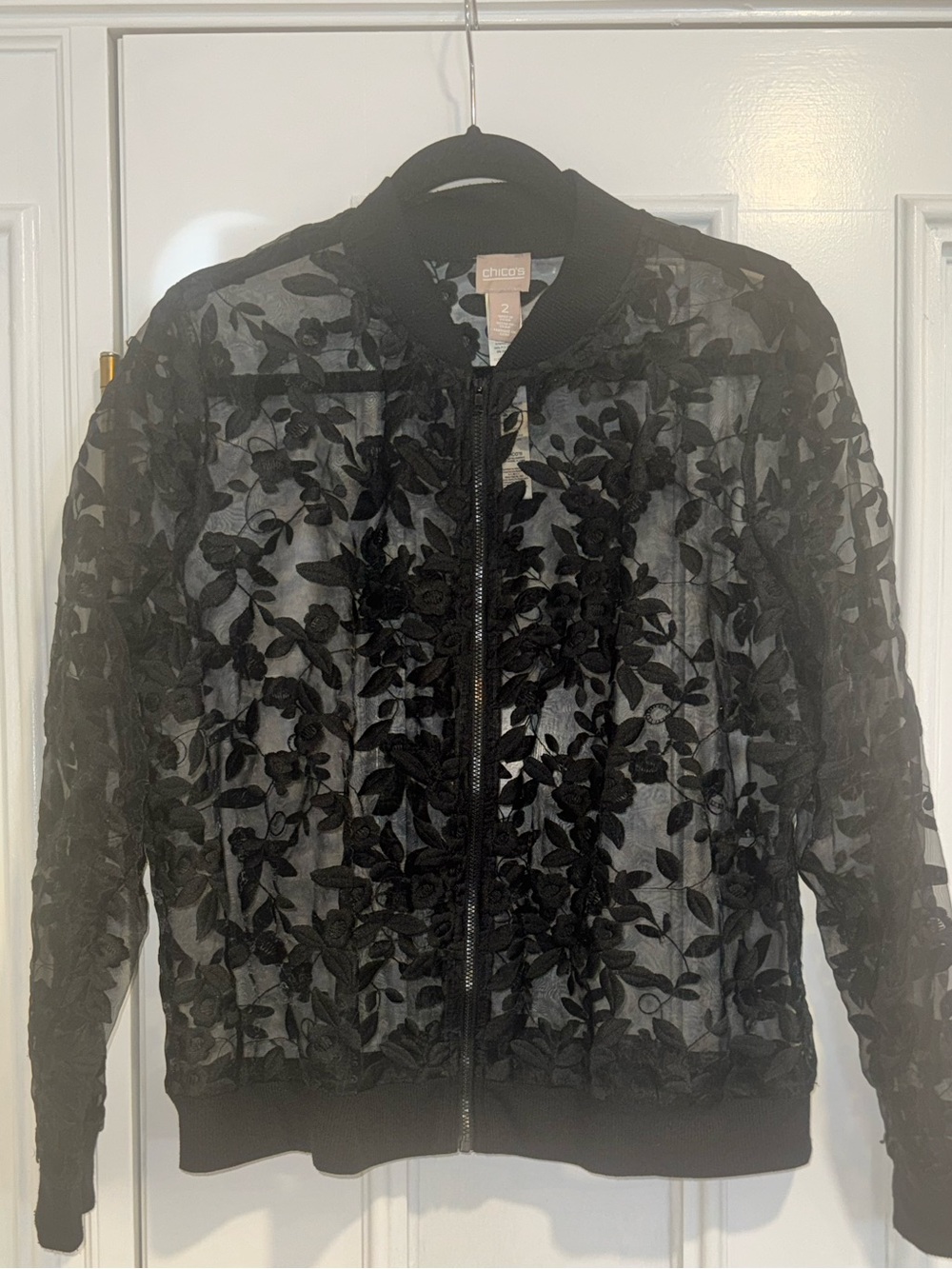 Chico's Black Sheer Embroidered Floral Bomber Jacket SIZE 2